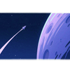 Retro space desk mat showing a small rocket and pale pink trail beside a large blue and lavender cratered moon