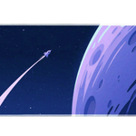 Retro space desk mat showing a small rocket and pale pink trail beside a large blue and lavender cratered moon