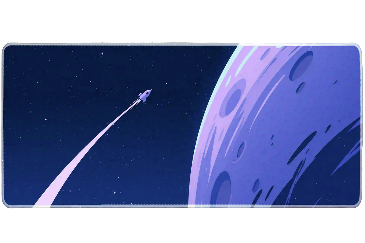 Retro space desk mat showing a small rocket and pale pink trail beside a large blue and lavender cratered moon