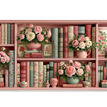 Pink Rose Bookshelf Desk Mat | Vintage Books artwork on an extended desk mat with pink rose bookshelf design