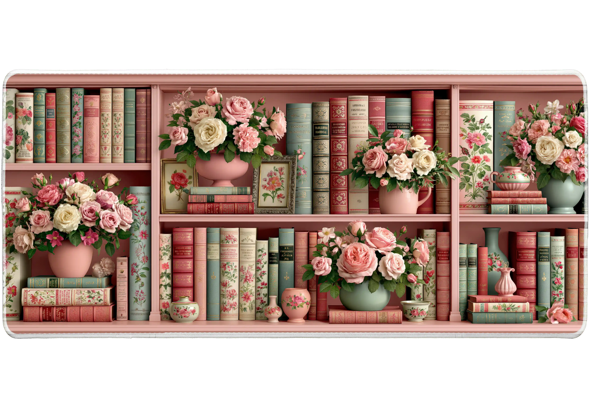 Pink Rose Bookshelf Desk Mat | Vintage Books artwork on an extended desk mat with pink rose bookshelf design
