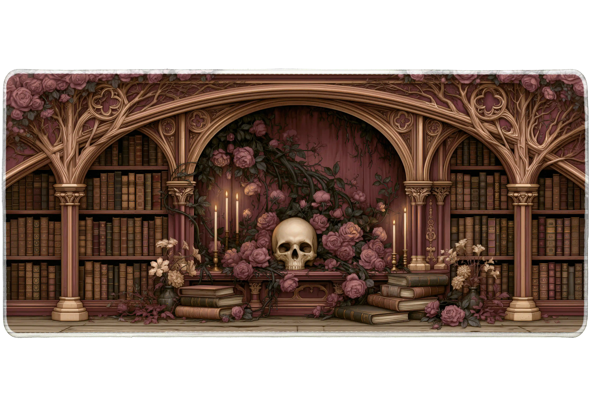 Gothic Rose Library Desk Mat | Skull Candles artwork on an extended desk mat with gothic rose library design