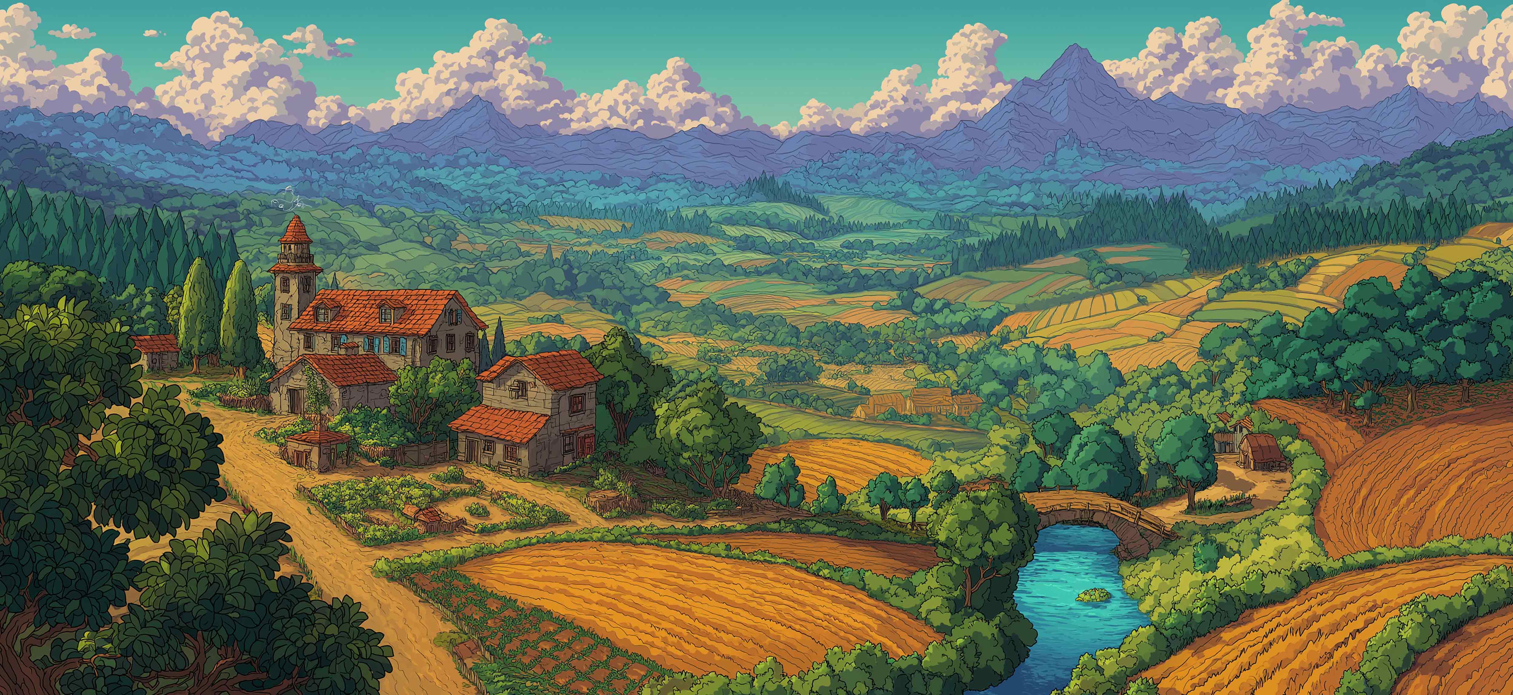 Cozy Countryside Mousepad – Scenic Hills & Rustic Village – PrintMyPad