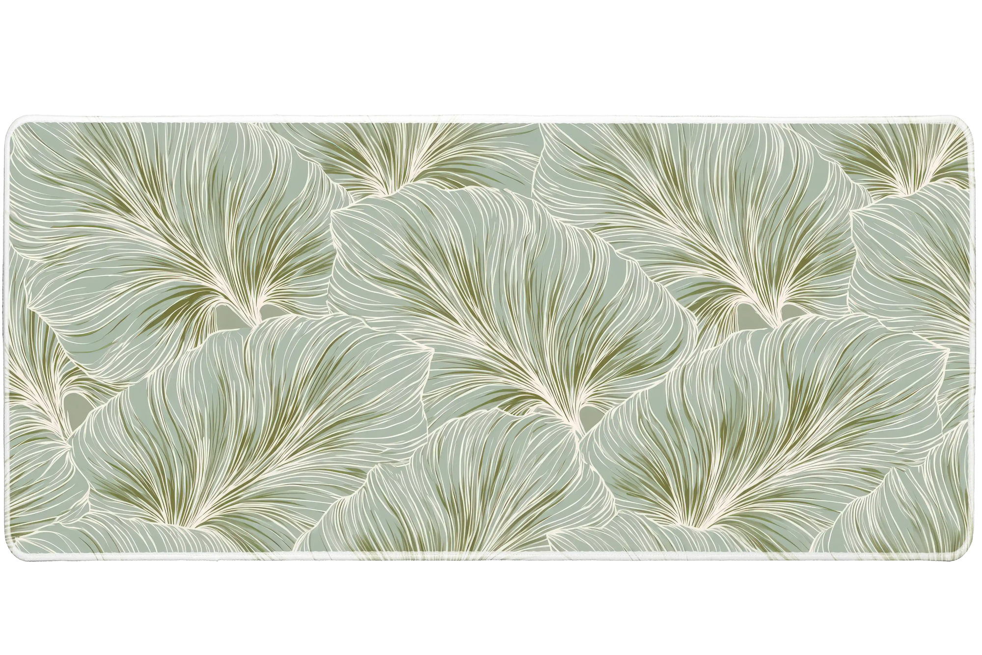 Sage Leaf Pattern Desk Mat | Botanical Mouse Pad artwork on an extended desk mat with sage green leaf linework pattern