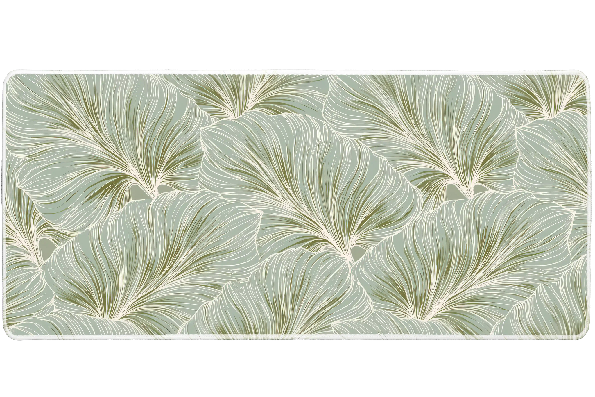 Sage Leaf Pattern Desk Mat | Botanical Mouse Pad artwork on an extended desk mat with sage green leaf linework pattern