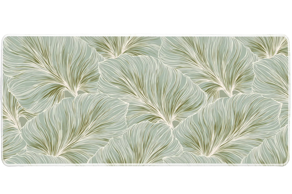 Sage Leaf Pattern Desk Mat | Botanical Mouse Pad artwork on an extended desk mat with sage green leaf linework pattern