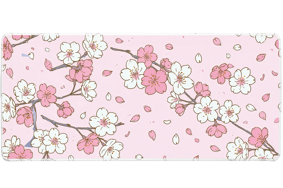 Pink Cherry Blossom Scattered Sakura desk mat with delicate pink sakura flowers, white petals
