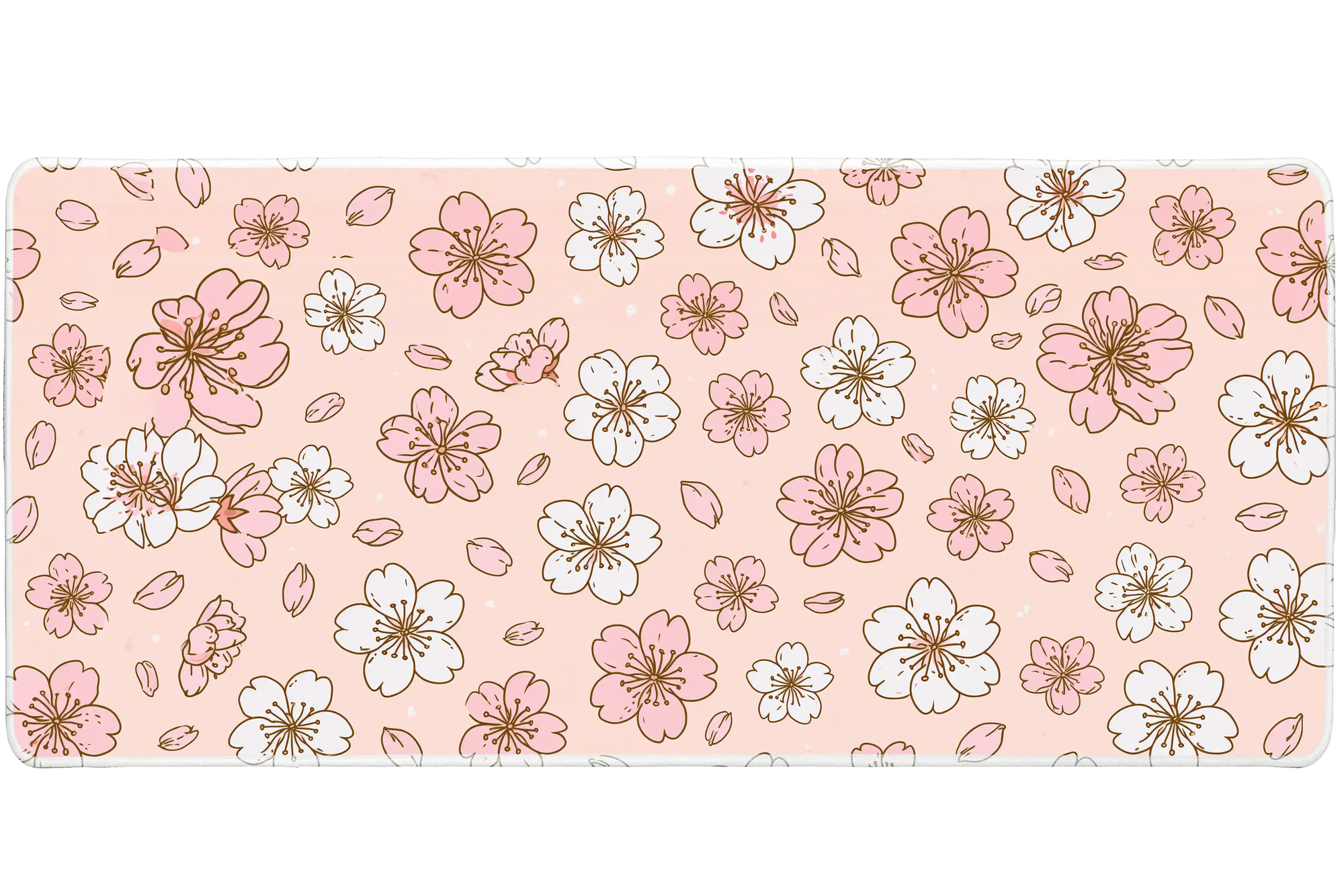 Pink Sakura Pattern Line Art Blossom desk mat with line-art blossoms, delicate petals, and a soft pink