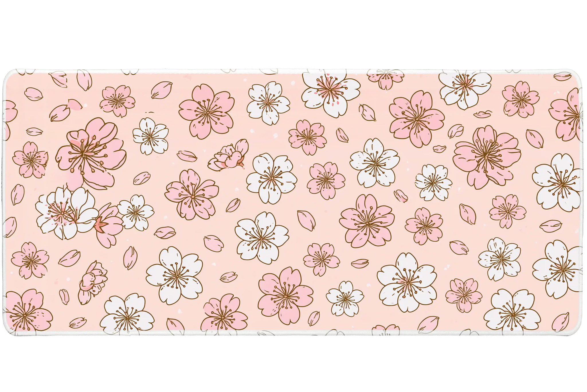 Pink Sakura Pattern Line Art Blossom desk mat with line-art blossoms, delicate petals, and a soft pink