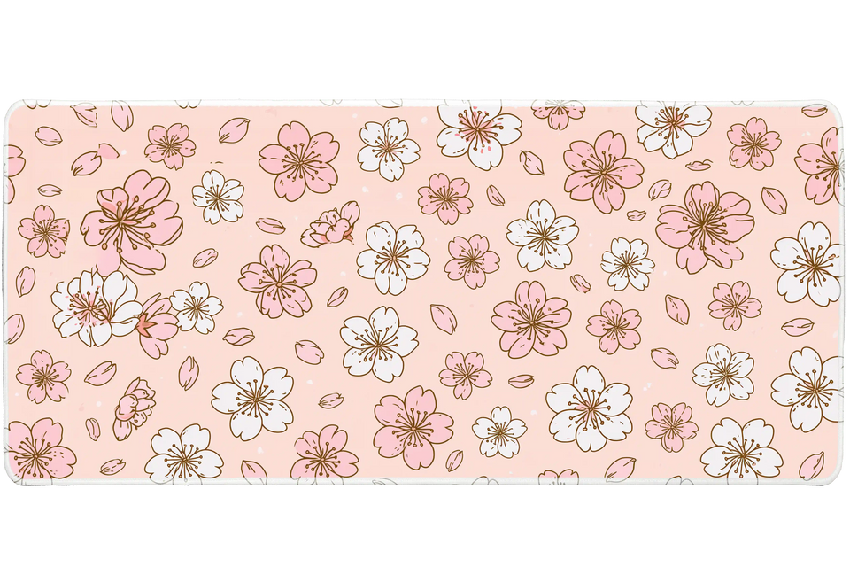 Pink Sakura Pattern Line Art Blossom desk mat with line-art blossoms, delicate petals, and a soft pink