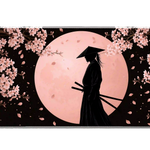 Full-width Cherry Blossom Samurai desk mat showing a samurai silhouette beneath a pink moon and sakura branches