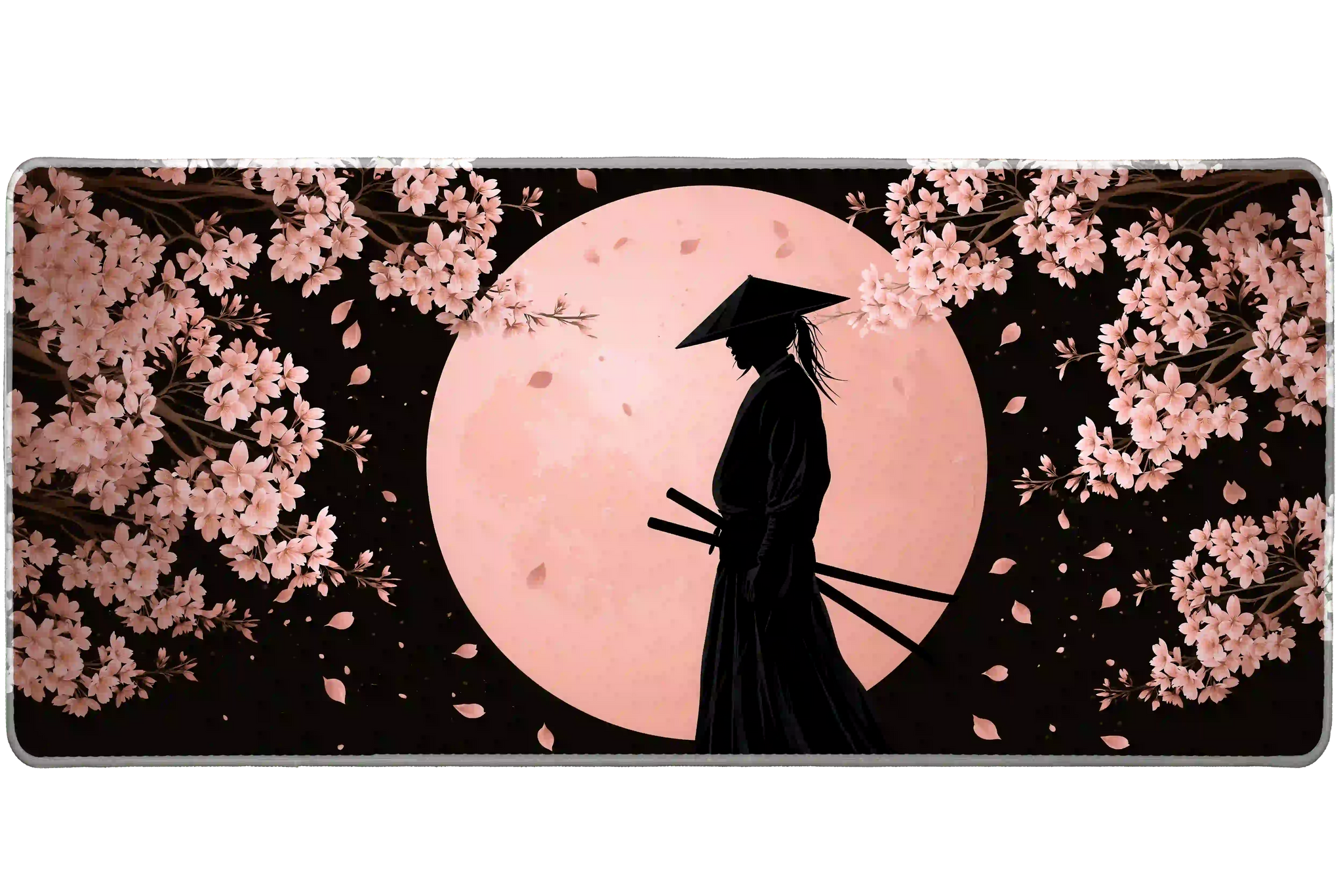 Full-width Cherry Blossom Samurai desk mat showing a samurai silhouette beneath a pink moon and sakura branches