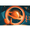 Full-width Retro Saturn Cat desk mat showing a curious cat watching Saturn through a spacecraft window