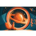Full-width Retro Saturn Cat desk mat showing a curious cat watching Saturn through a spacecraft window