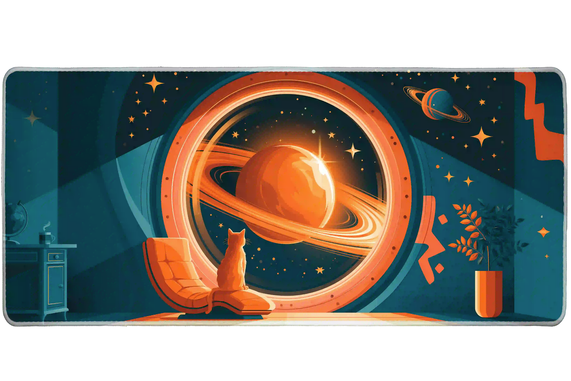 Full-width Retro Saturn Cat desk mat showing a curious cat watching Saturn through a spacecraft window
