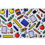 School Supplies Desk Mat | Classroom Pattern artwork on an extended desk mat with school supplies design