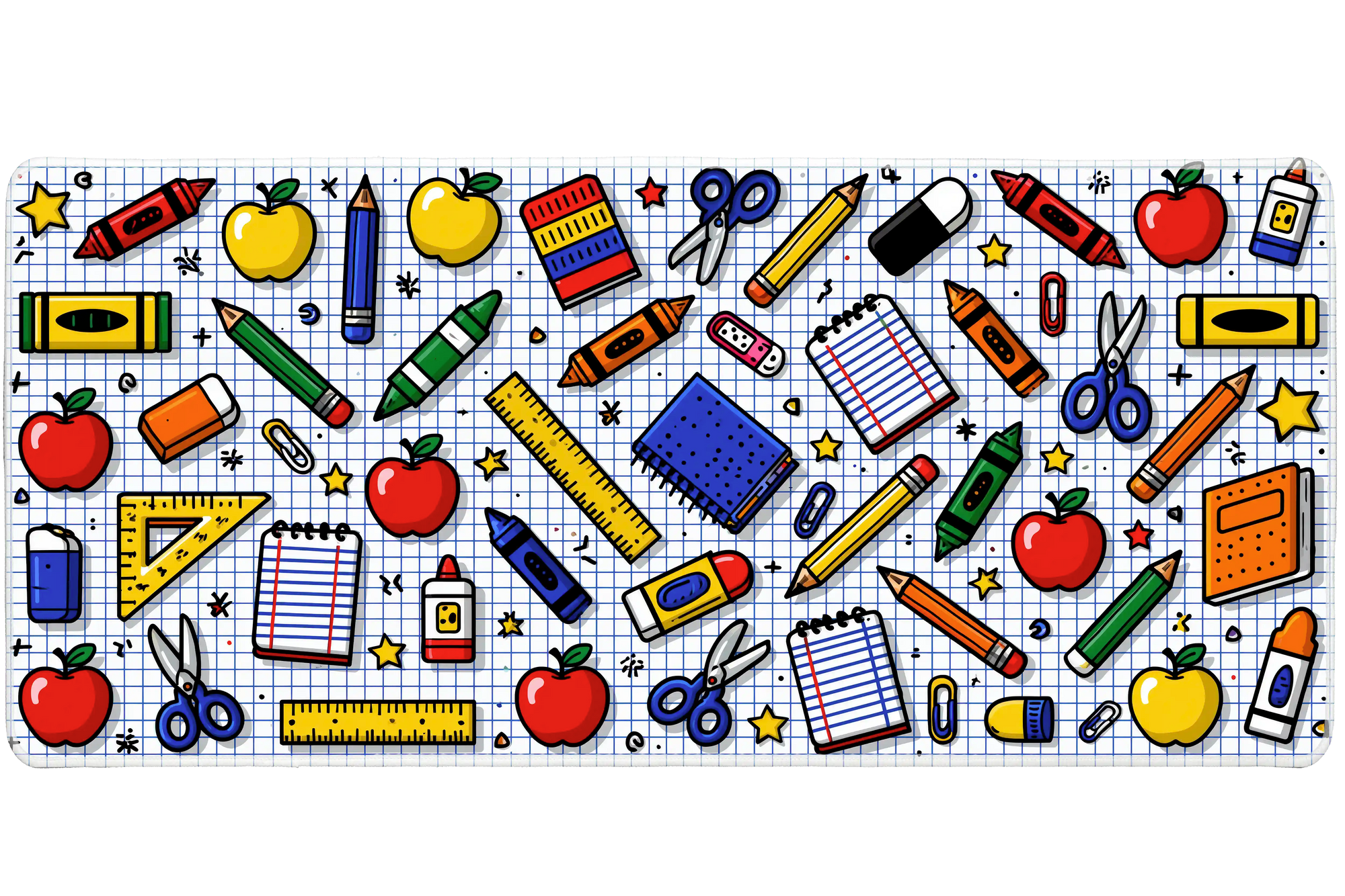 School Supplies Desk Mat | Classroom Pattern artwork on an extended desk mat with school supplies design