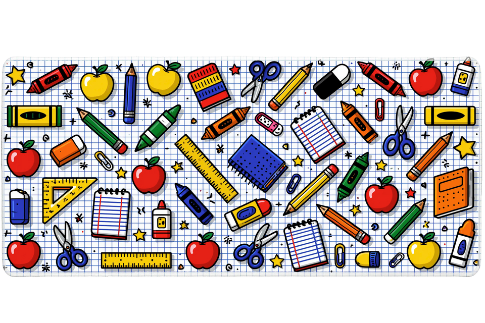 School Supplies Desk Mat | Classroom Pattern artwork on an extended desk mat with school supplies design