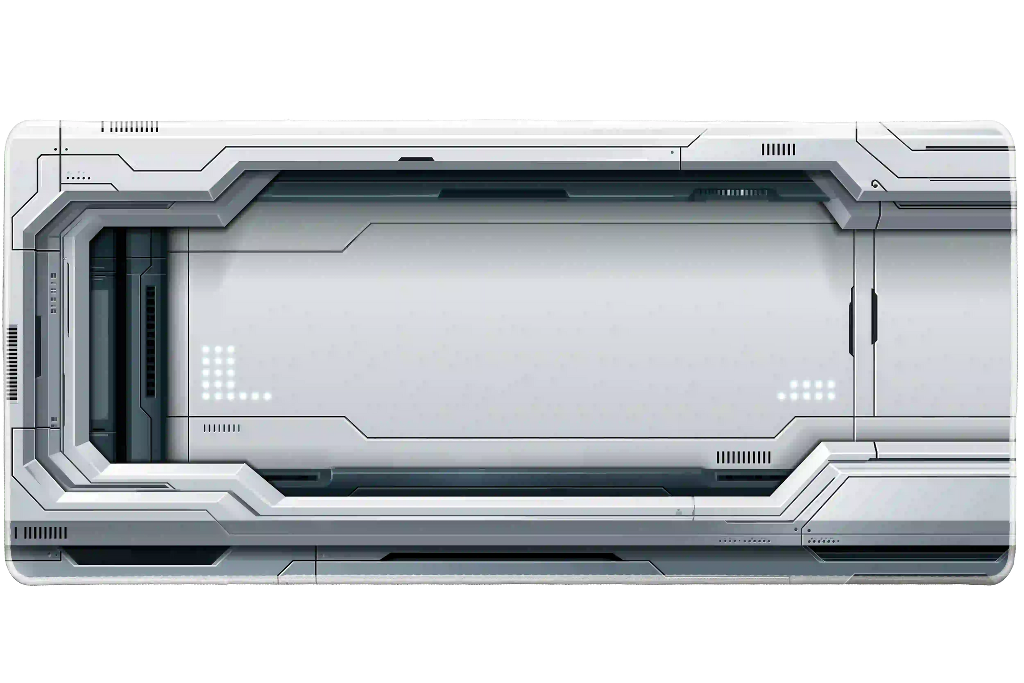 White sci-fi futuristic tech panel artwork on an extended desk mat for a full keyboard and mouse layout