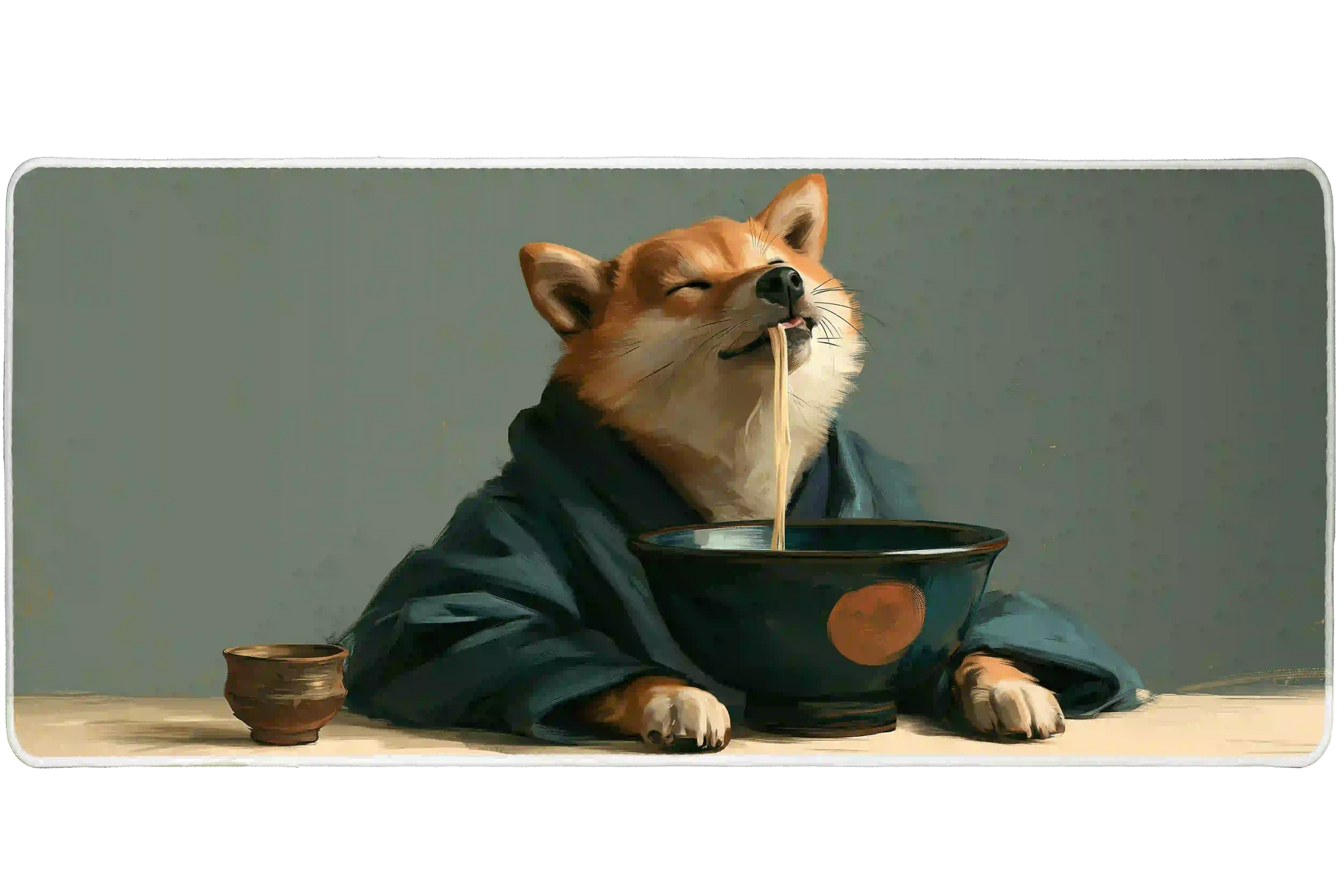 Wide Shiba Inu ramen noodles desk mat displaying the complete artwork across a desktop
