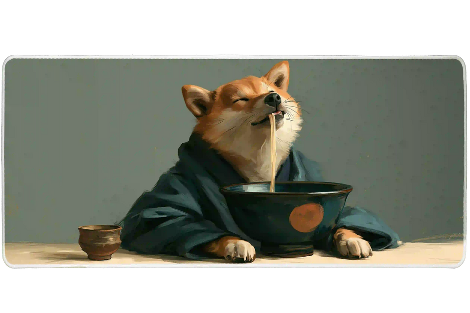 Wide Shiba Inu ramen noodles desk mat displaying the complete artwork across a desktop