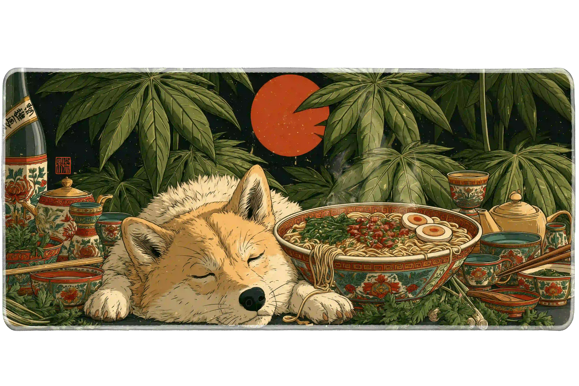 Extended mouse pad featuring the full sleeping Shiba Inu ramen garden design for work or gaming