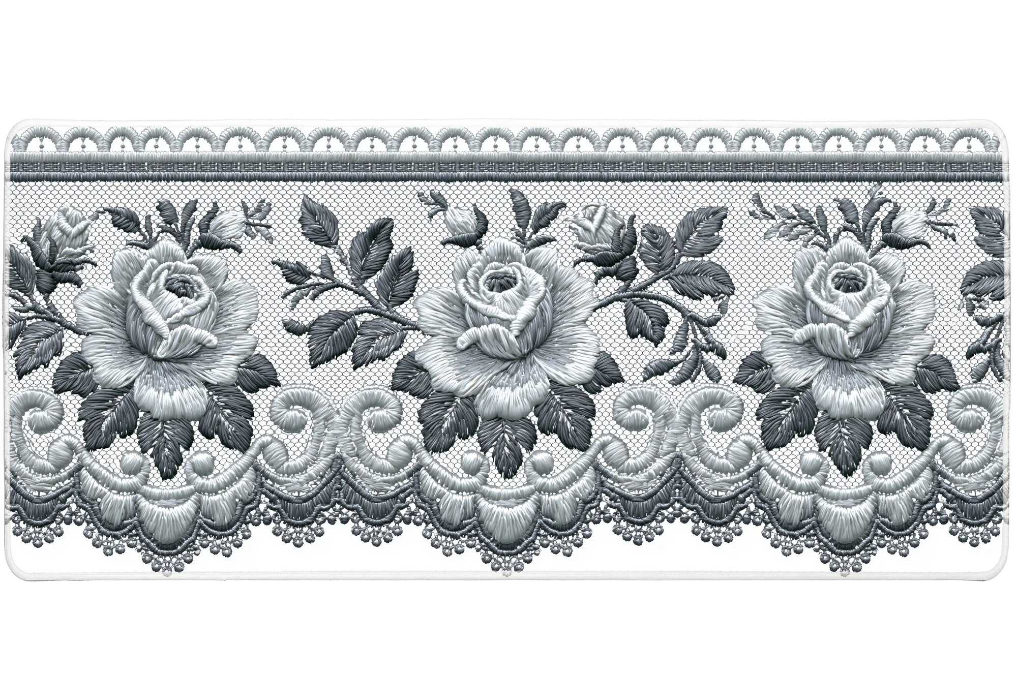Silver Lace Rose Embroidered Floral desk mat with scalloped borders, delicate floral details, and soft