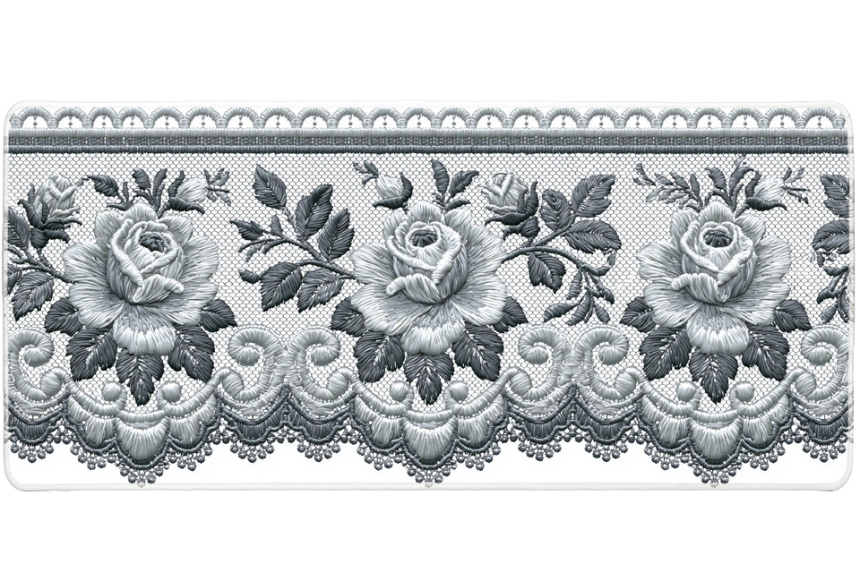 Silver Lace Rose Embroidered Floral desk mat with scalloped borders, delicate floral details, and soft