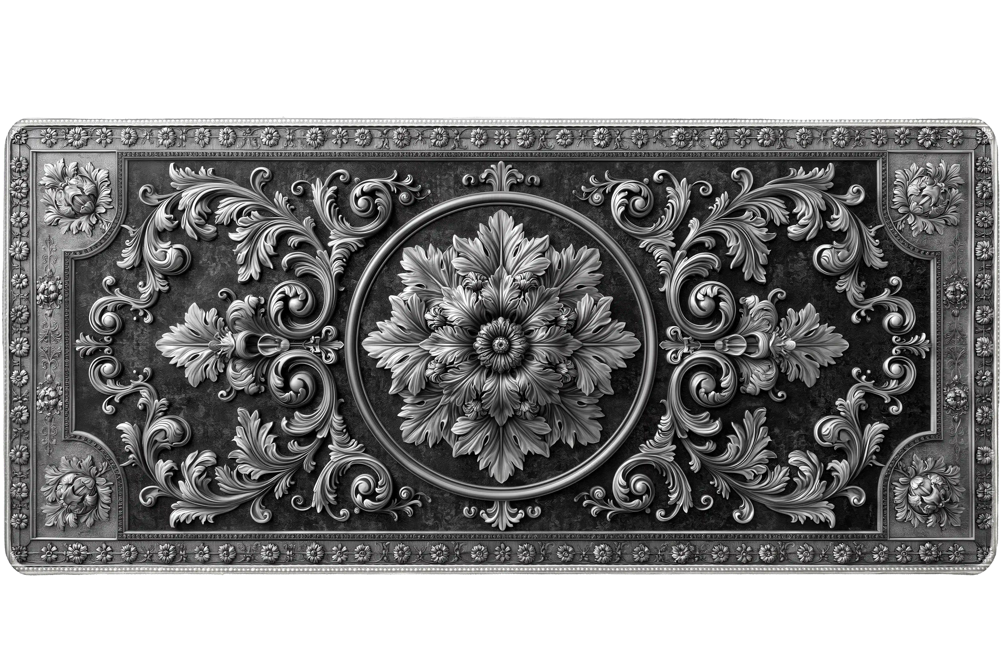 Silver Ornate Floral Baroque Pattern desk mat with baroque-inspired scrollwork, embossed-style flower