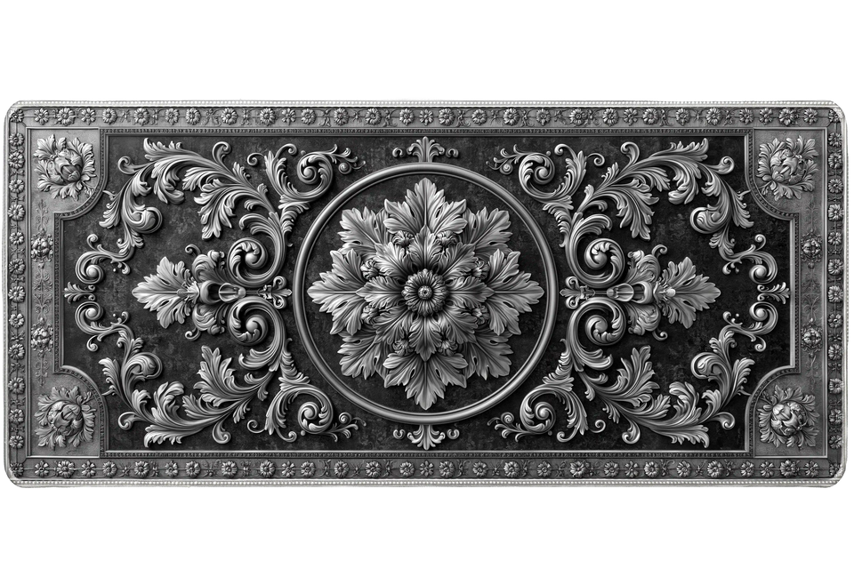 Silver Ornate Floral Baroque Pattern desk mat with baroque-inspired scrollwork, embossed-style flower