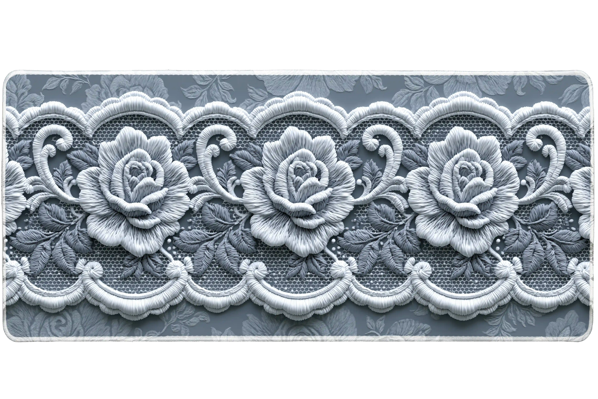 Silver Rose Lace Scalloped Floral desk mat with soft grey roses, scalloped lace accents, and a refined