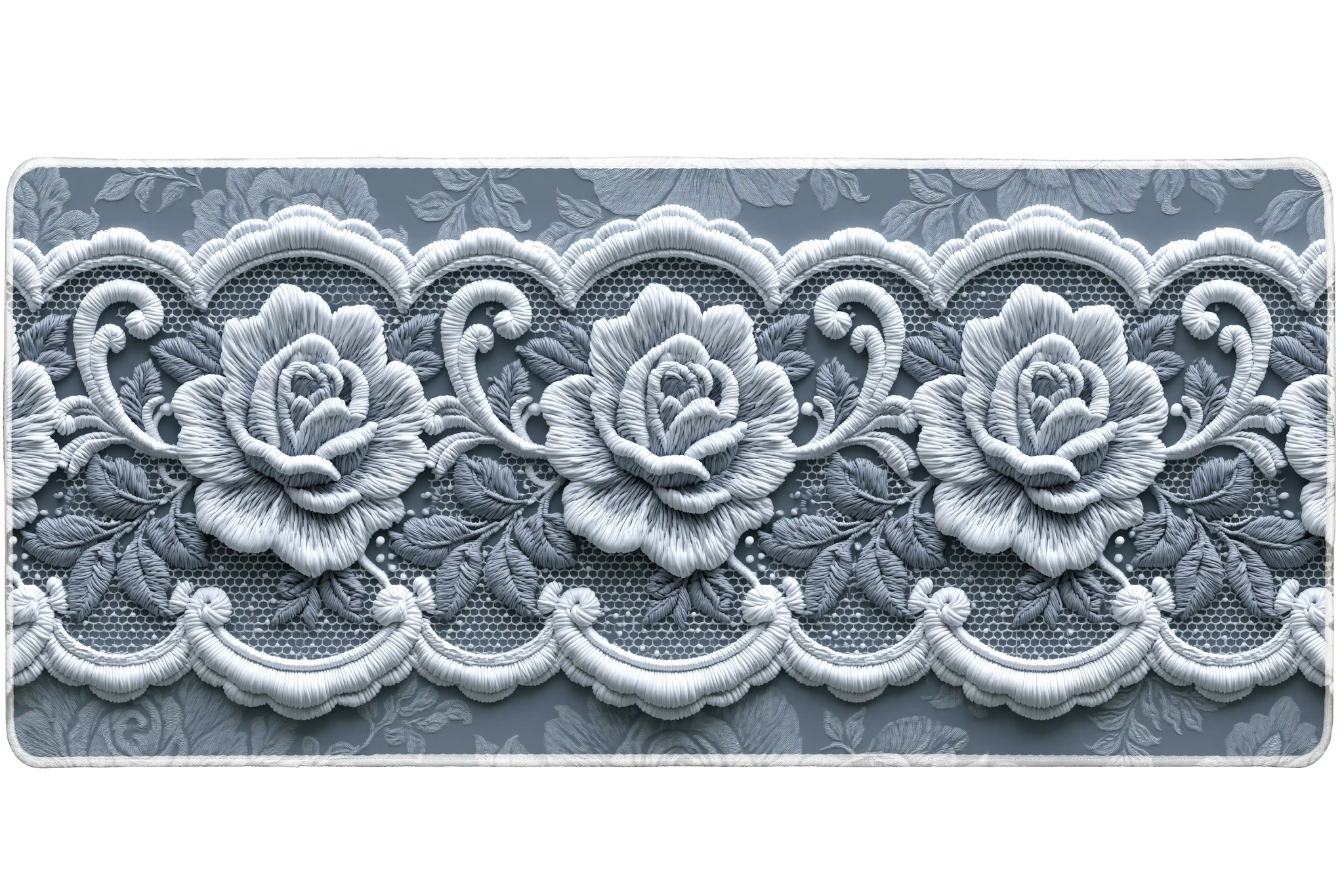 Silver Rose Lace Scalloped Floral desk mat with soft grey roses, scalloped lace accents, and a refined
