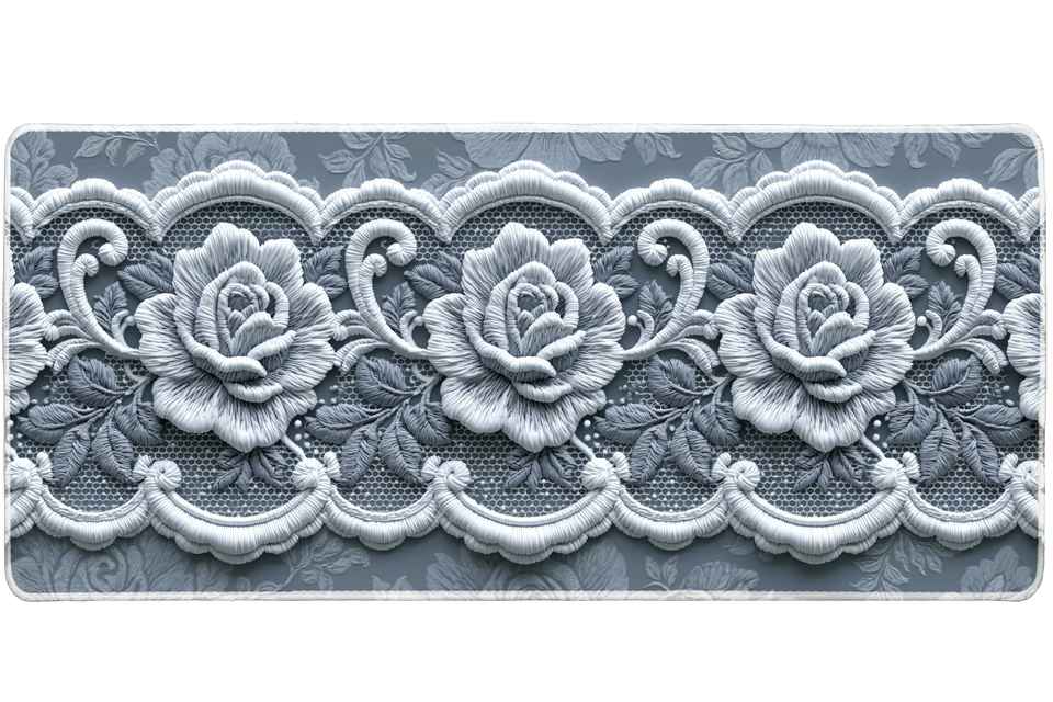 Silver Rose Lace Scalloped Floral desk mat with soft grey roses, scalloped lace accents, and a refined