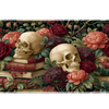 Gothic Skull Floral Desk Mat | Rose Book Stack artwork on an extended desk mat with gothic skull floral design