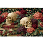 Gothic Skull Floral Desk Mat | Rose Book Stack artwork on an extended desk mat with gothic skull floral design