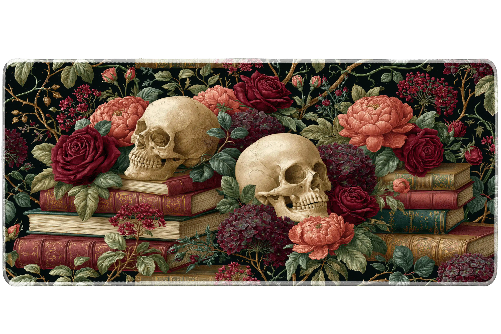 Gothic Skull Floral Desk Mat | Rose Book Stack artwork on an extended desk mat with gothic skull floral design