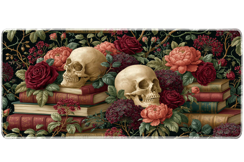 Gothic Skull Floral Desk Mat | Rose Book Stack artwork on an extended desk mat with gothic skull floral design
