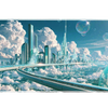 Frutiger Aero Sky City desk mat artwork in a wide product view
