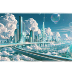 Frutiger Aero Sky City desk mat artwork in a wide product view