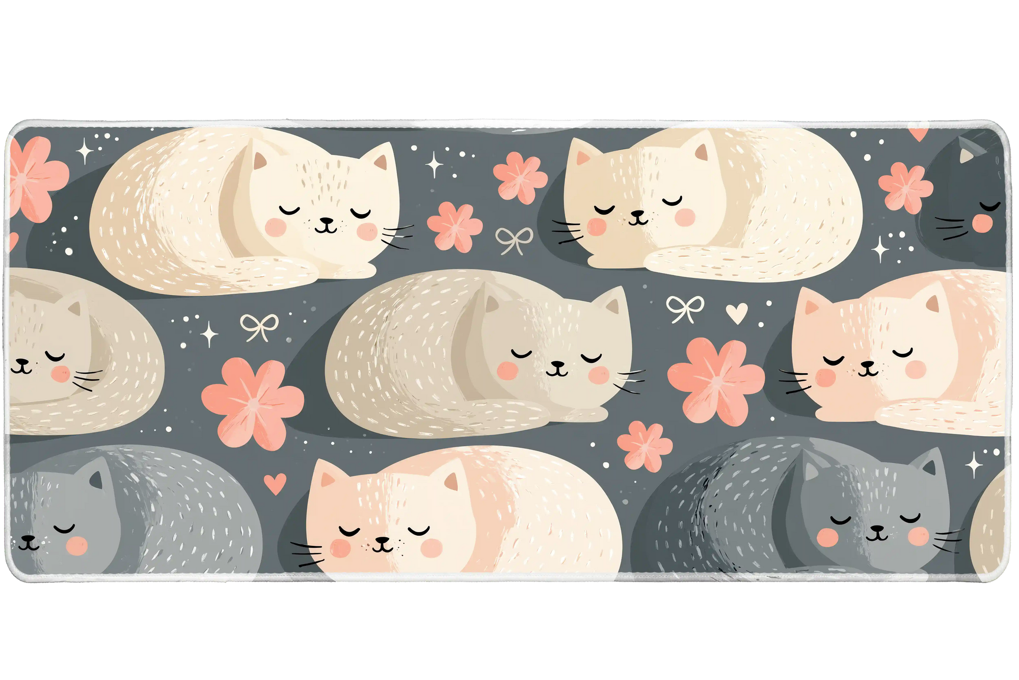 Sleeping Cat Pattern Desk Mat | Kawaii Mouse Pad artwork on an extended desk mat with pastel sleeping cat pattern