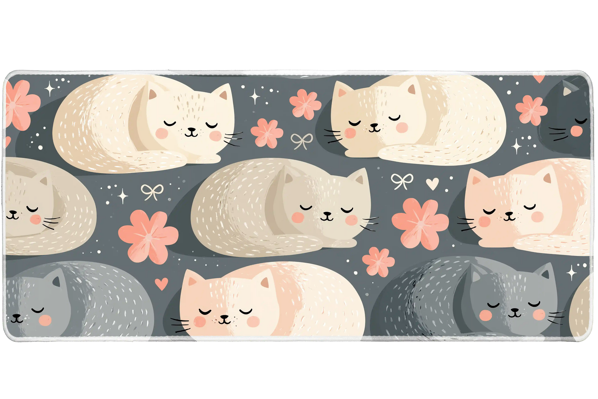 Sleeping Cat Pattern Desk Mat | Kawaii Mouse Pad artwork on an extended desk mat with pastel sleeping cat pattern