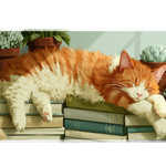 Sleeping Ginger Cat Desk Mat | Book Lover Mouse Pad artwork on an extended desk mat with ginger cat napping on books with succulents