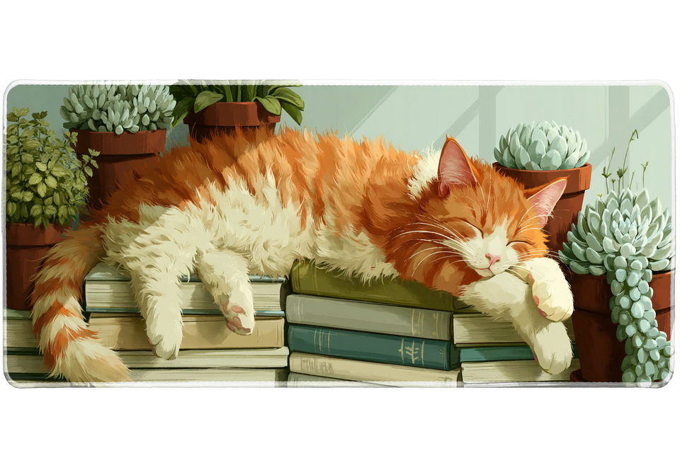 Sleeping Ginger Cat Desk Mat | Book Lover Mouse Pad artwork on an extended desk mat with ginger cat napping on books with succulents