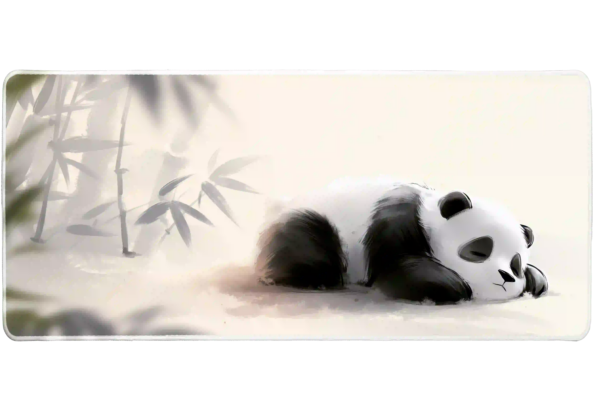 Sleeping panda bamboo watercolor desk mat shown in its wide-format artwork view