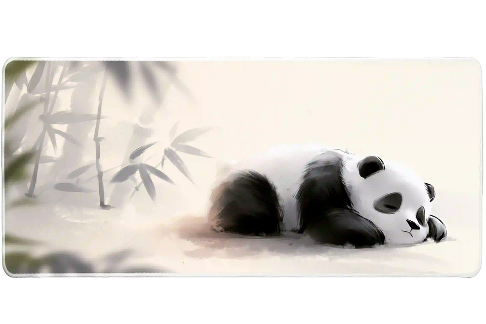 Sleeping panda bamboo watercolor desk mat shown in its wide-format artwork view