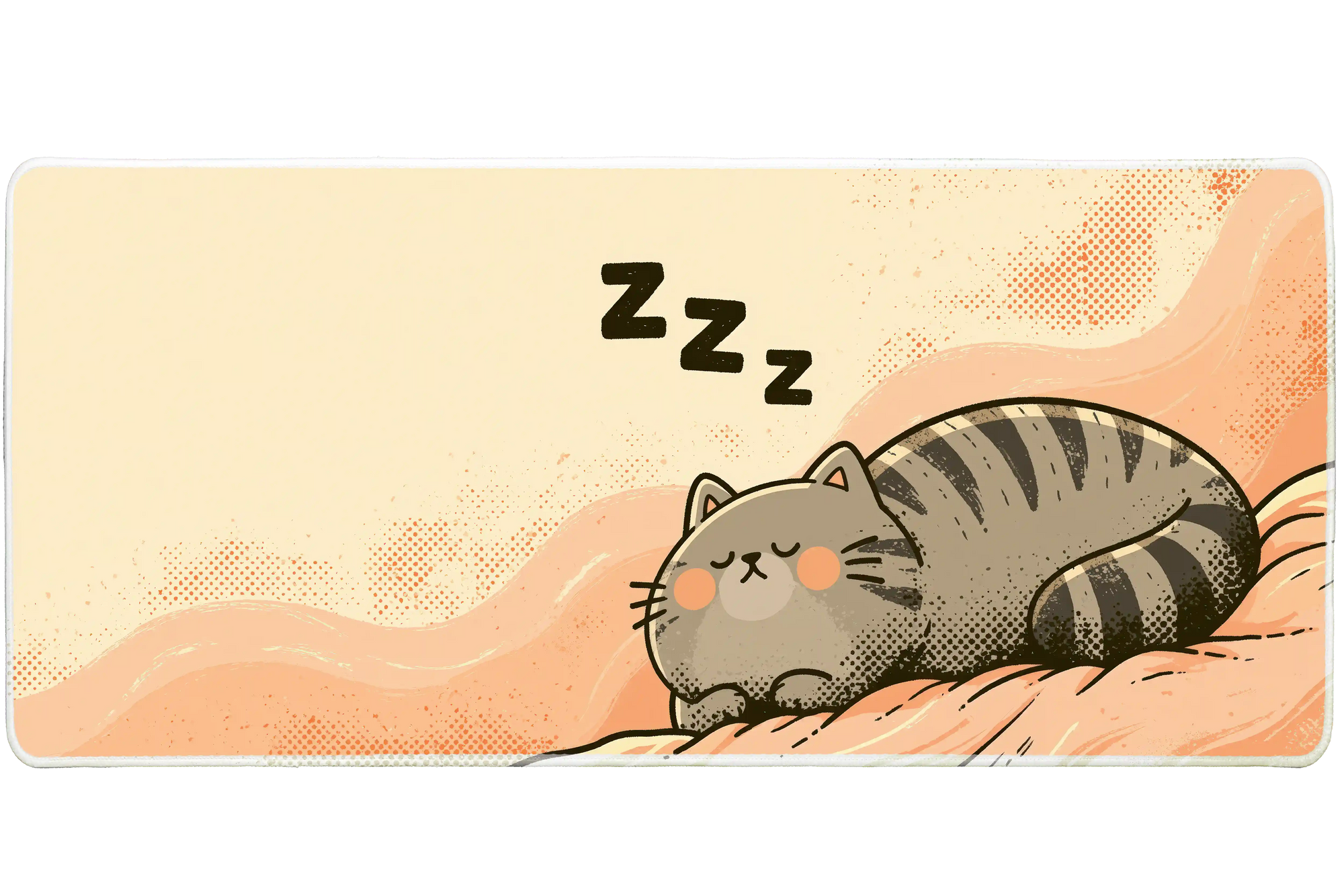 Sleeping Tabby Cat Desk Mat | Cozy Kawaii Mouse Pad artwork on an extended desk mat with soft pastel sleeping tabby artwork