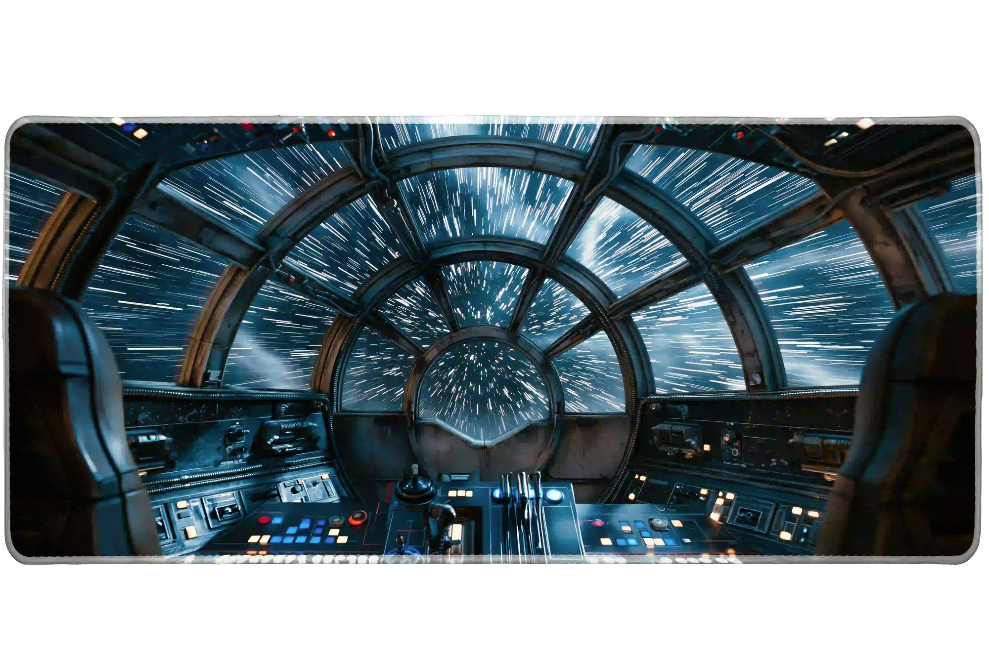 Wide spaceship cockpit hyperspace desk mat displaying the complete artwork across a desktop