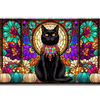 Black cat stained glass autumn pumpkin desk mat shown in its wide-format artwork view