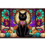 Black cat stained glass autumn pumpkin desk mat shown in its wide-format artwork view