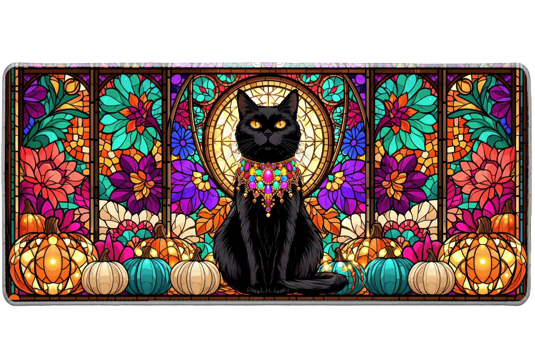 Black cat stained glass autumn pumpkin desk mat shown in its wide-format artwork view
